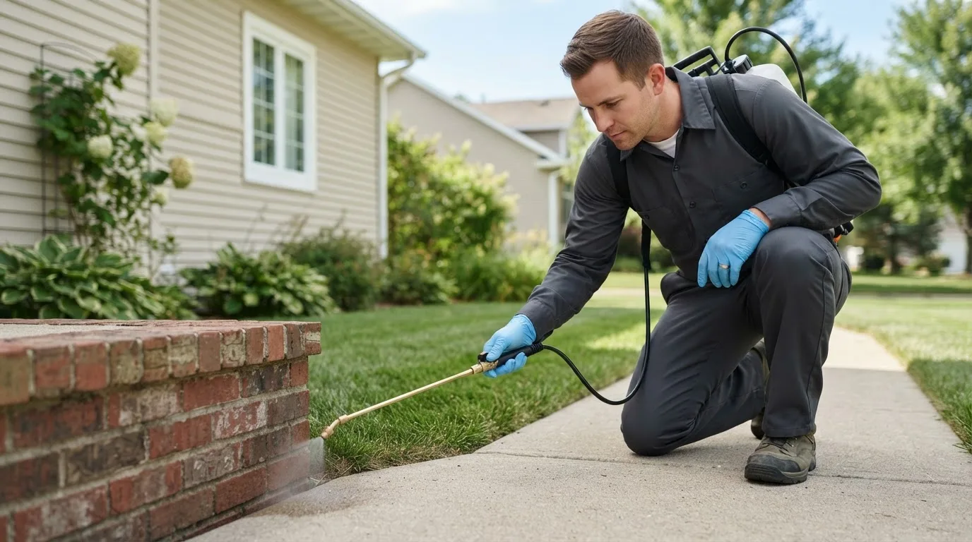 Pest control technician treating a home near Proctor, OK